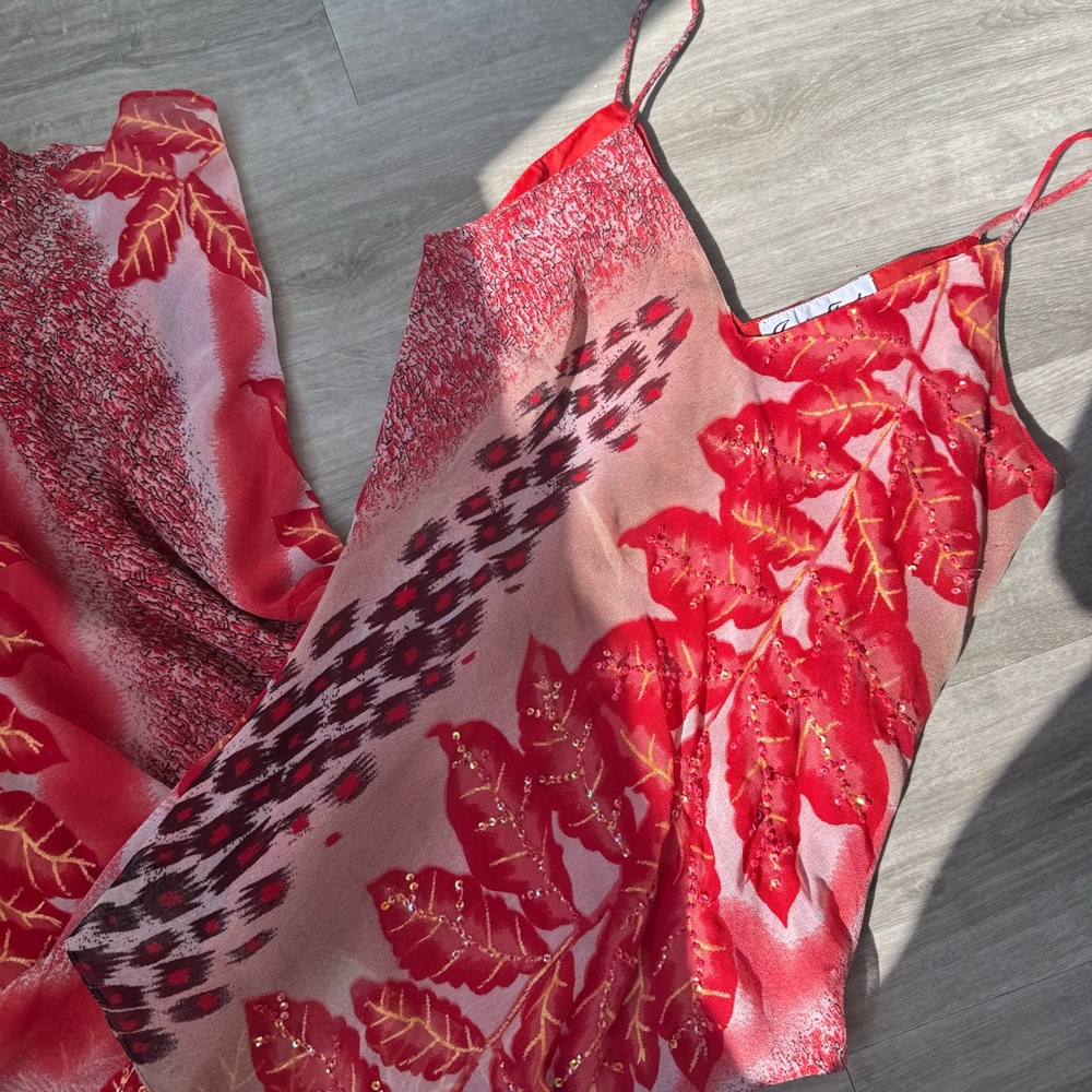 Red Leaf Print Slip Dress - Picture 2 of 5